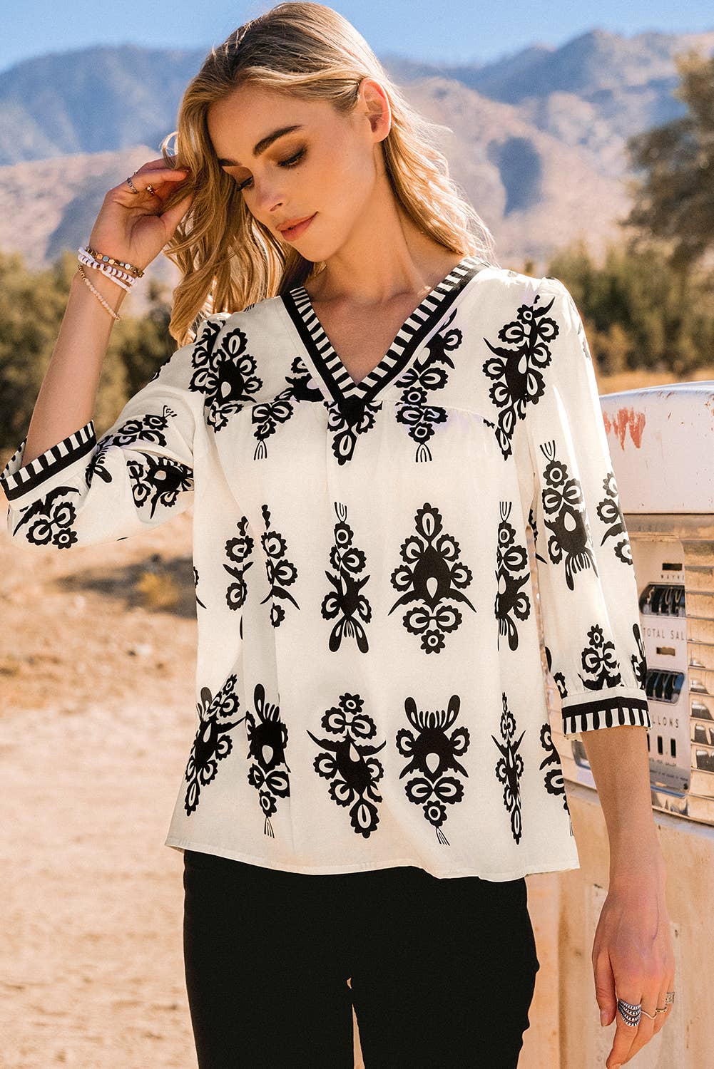 fashionworks - Fashion-W Boho Vintage Geometric 3/4 Sleeve V Neck Blouse: Black / Missy / L