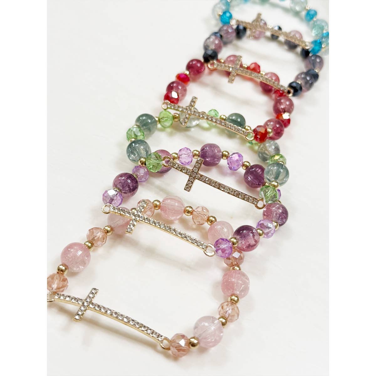 Love and Repeat - Rhinestone Cross Bead Stretch Bracelet: MIX COLOR / ONE(12)