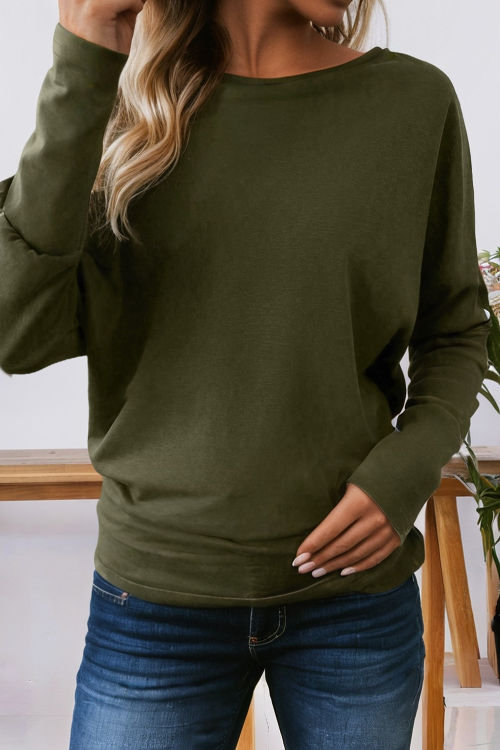 66DISCO - Solid Color Extended Cuffs Long Sleeve Top (S-XL): Green / Missy / M