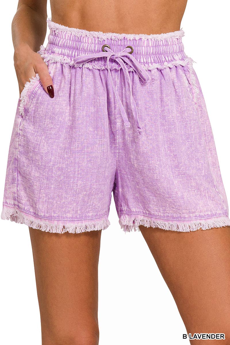 42POPS - , SI-25591 WASHED LINEN FRAYED HEM DRAWSTRING SHORTS WITH PO: BROWN-163231 / XL