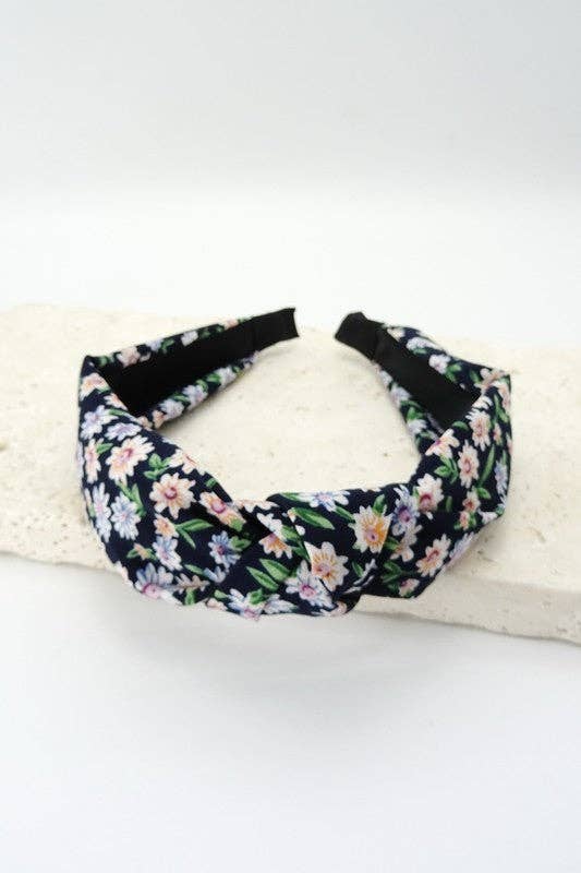 JOSSLYN by wall to wall - FLOWER PRINT KNOTTED HAIR BAND | 40HB243: BLACK