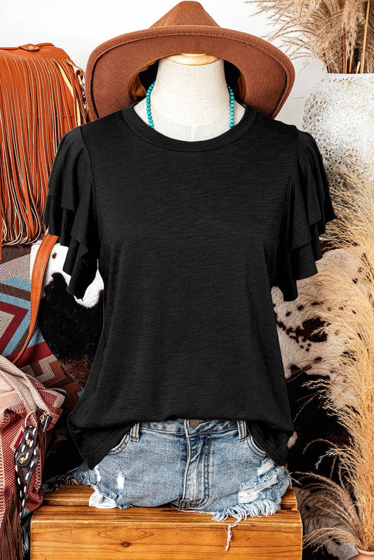 fashionworks - Fashion Western Layered Ruffle Short Sleeve Round Neck Top: Black / Missy / L
