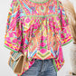 fashionworks - Fashion-W Geometric Print Bell Sleeve O Neck Babydoll Blouse: Orange / XL