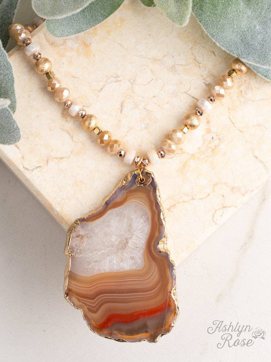 Southern Grace - Glam in the Sand Beige Beaded Necklace with Natural Stone Pendant: Beige / One Size