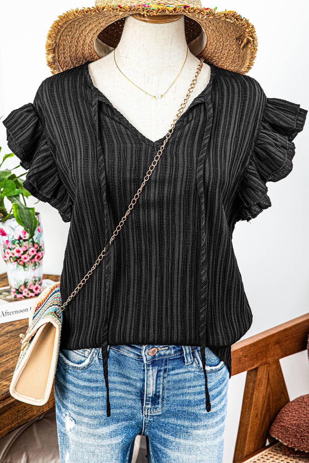 fashionworks - Fashion-W Textured Ruffled Sleeve V Neck Top: Black / Missy / M