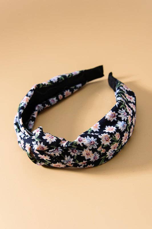 JOSSLYN by wall to wall - FLOWER PRINT KNOTTED HAIR BAND | 40HB243: BLACK