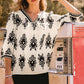 fashionworks - Fashion-W Boho Vintage Geometric 3/4 Sleeve V Neck Blouse: Black / Missy / L