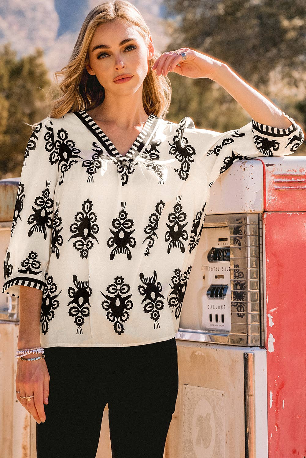 fashionworks - Fashion-W Boho Vintage Geometric 3/4 Sleeve V Neck Blouse: Black / Missy / L