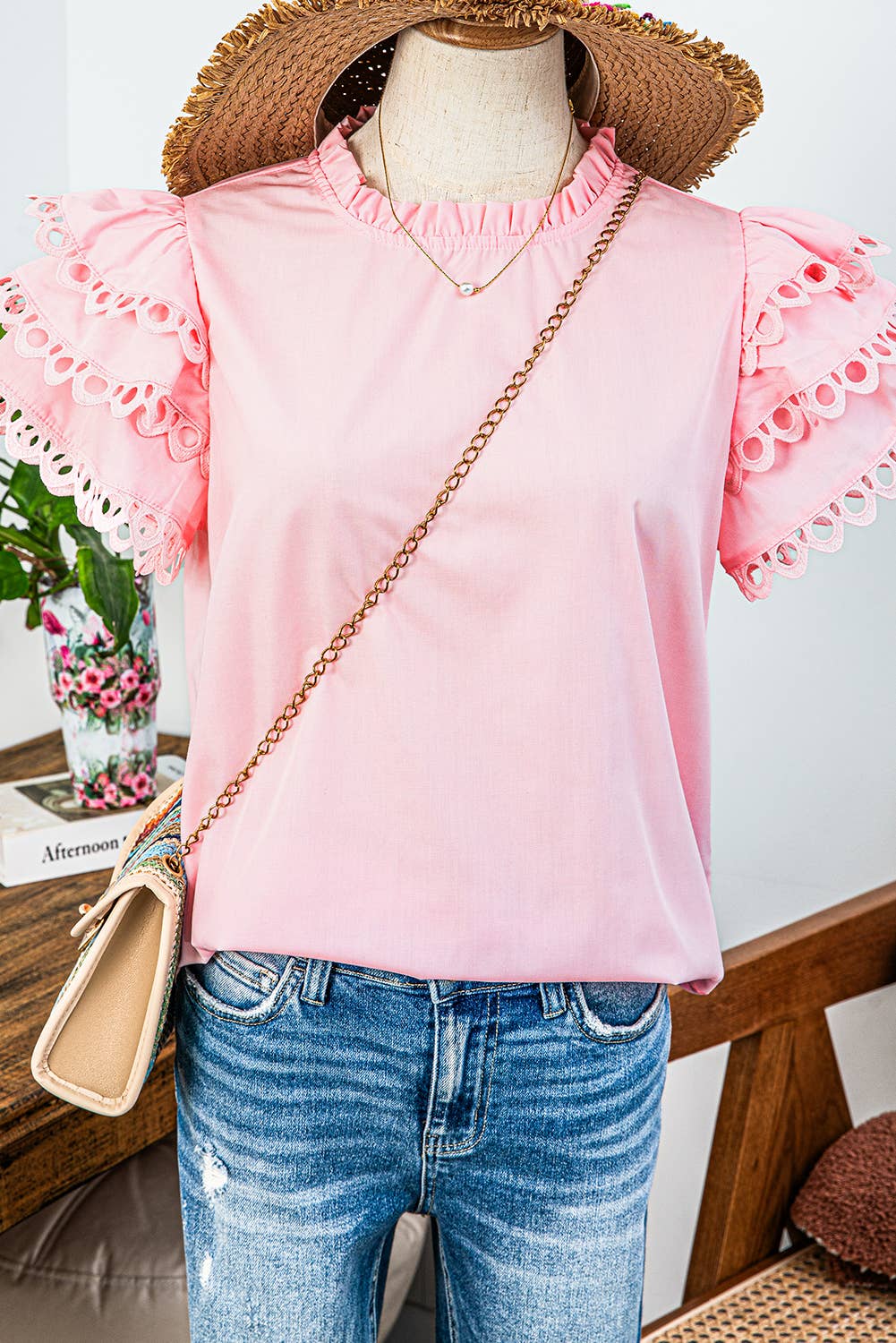 fashionworks - Fashion-W Layered Ric Rac Cap Sleeve Filled Neck Blouse: Pink / Missy / M