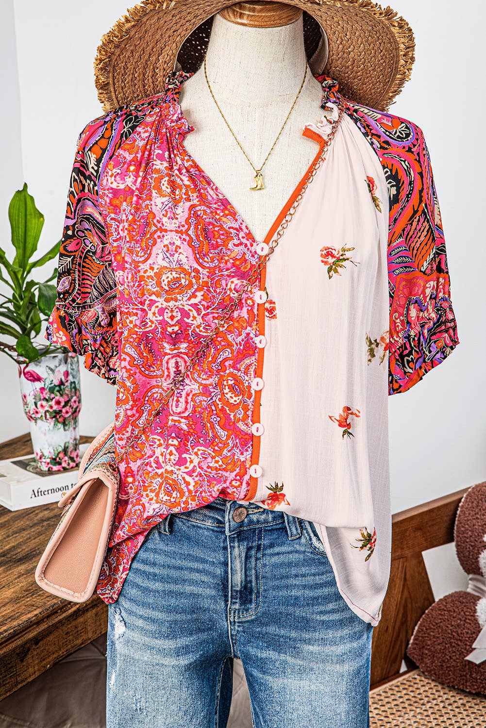 fashionworks - Fashion-W Boho Floral Patchwork Buttoned Short Sleeve Blouse: As shown / Missy / S