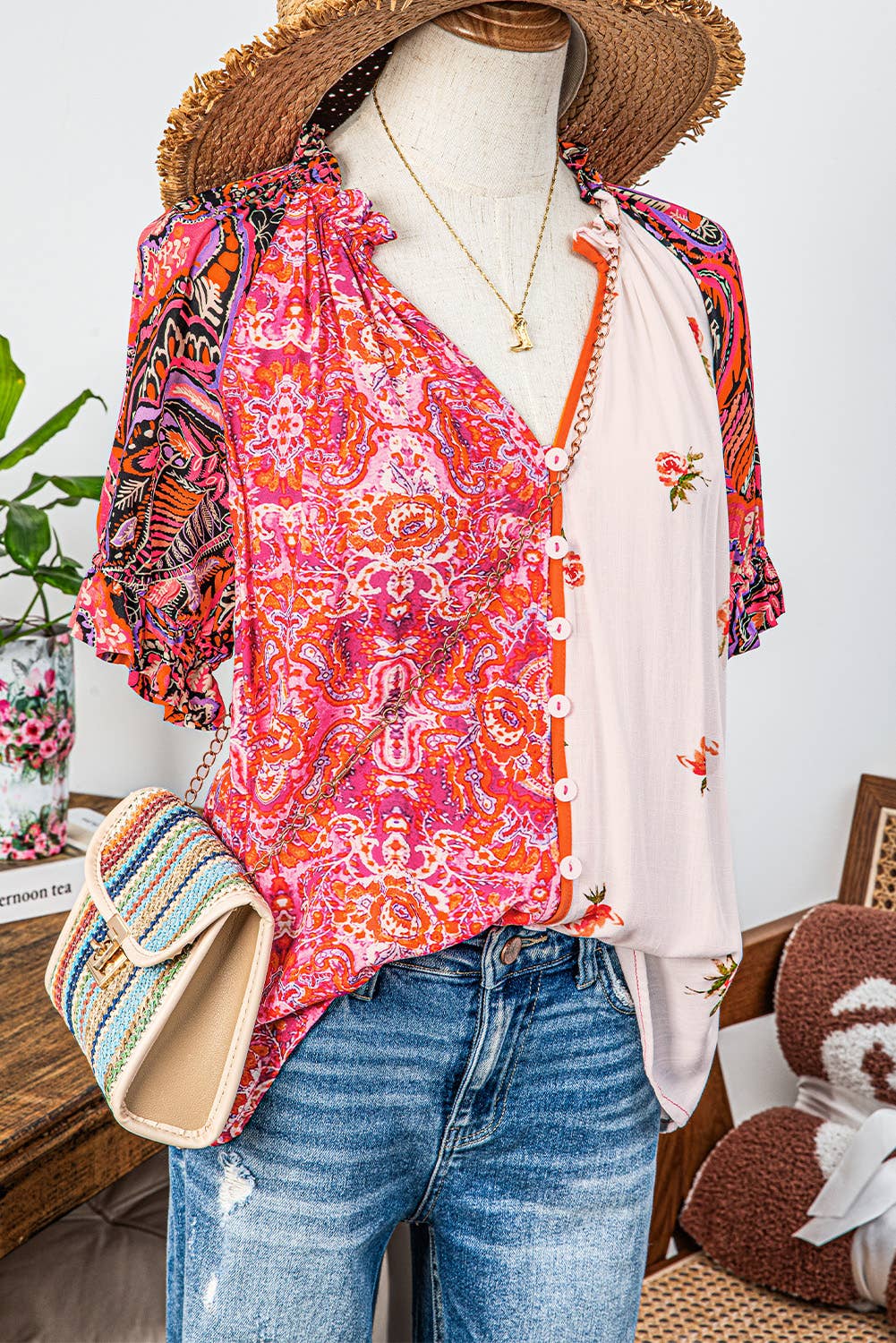 fashionworks - Fashion-W Boho Floral Patchwork Buttoned Short Sleeve Blouse: As shown / Missy / S