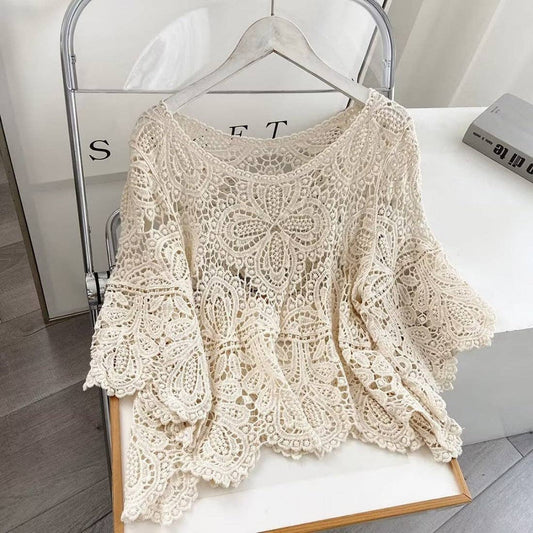 Funkyrel® Atzbranding Limited - Crosa - Crochet Hollow-Out Pullover Top: BEIGE / AVERAGE